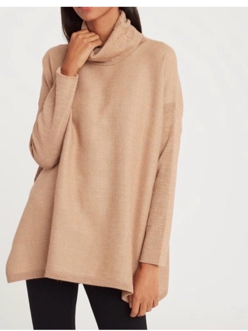 CUYANA 100% baby alpaca Turtleneck Poncho Sweater in Beige